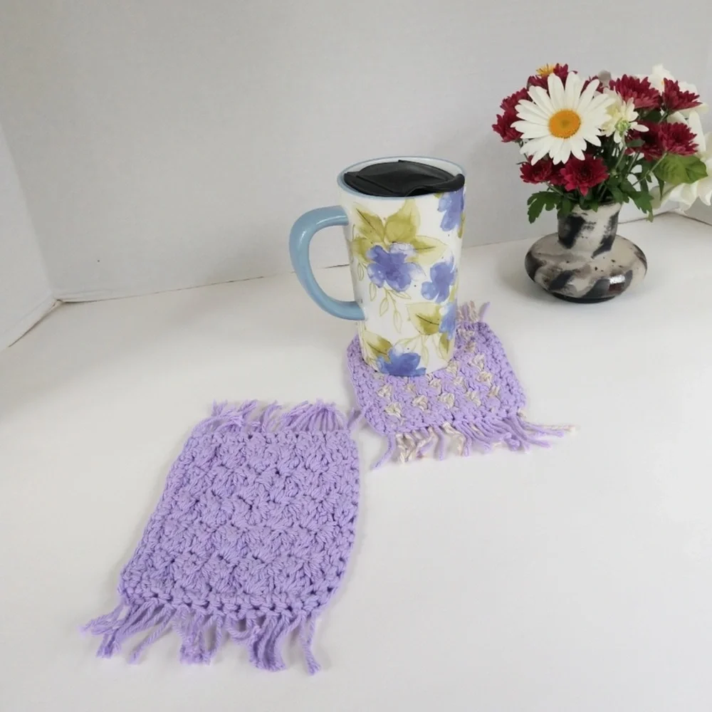 Coaster Set Hand Crafted Crochet Purple Lavender Gray Cotton